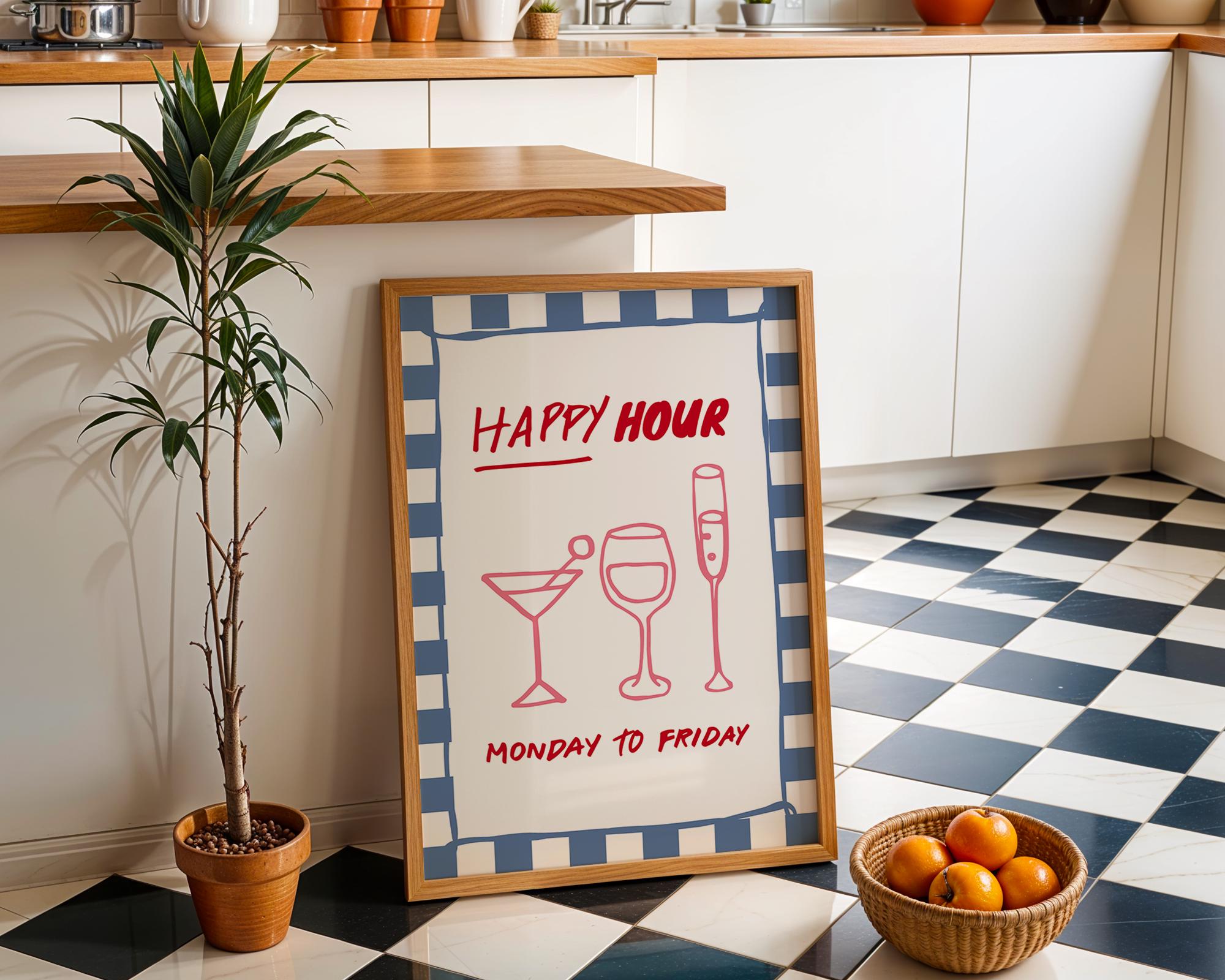 Happy Hour Wall Art Print, Italian Bar Cart Decor, Retro Blue Checkered Poster, Wine Cocktail Art, Kitchen Dining Room Print, DIGITAL