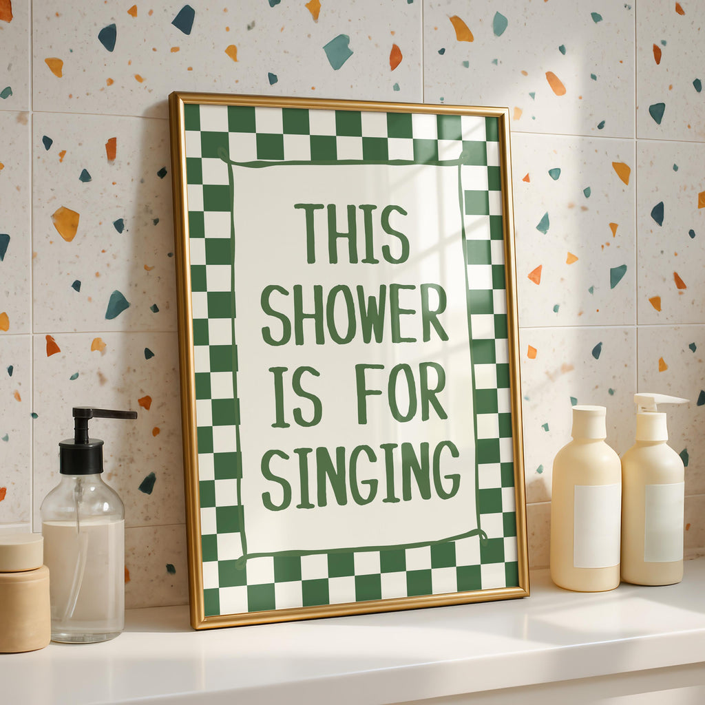 This Shower Is for Singing Print, Funny Bathroom Wall Art, Retro Checkerboard Poster, Green Check Print, Humorous Home Decor Gift, DIGITAL