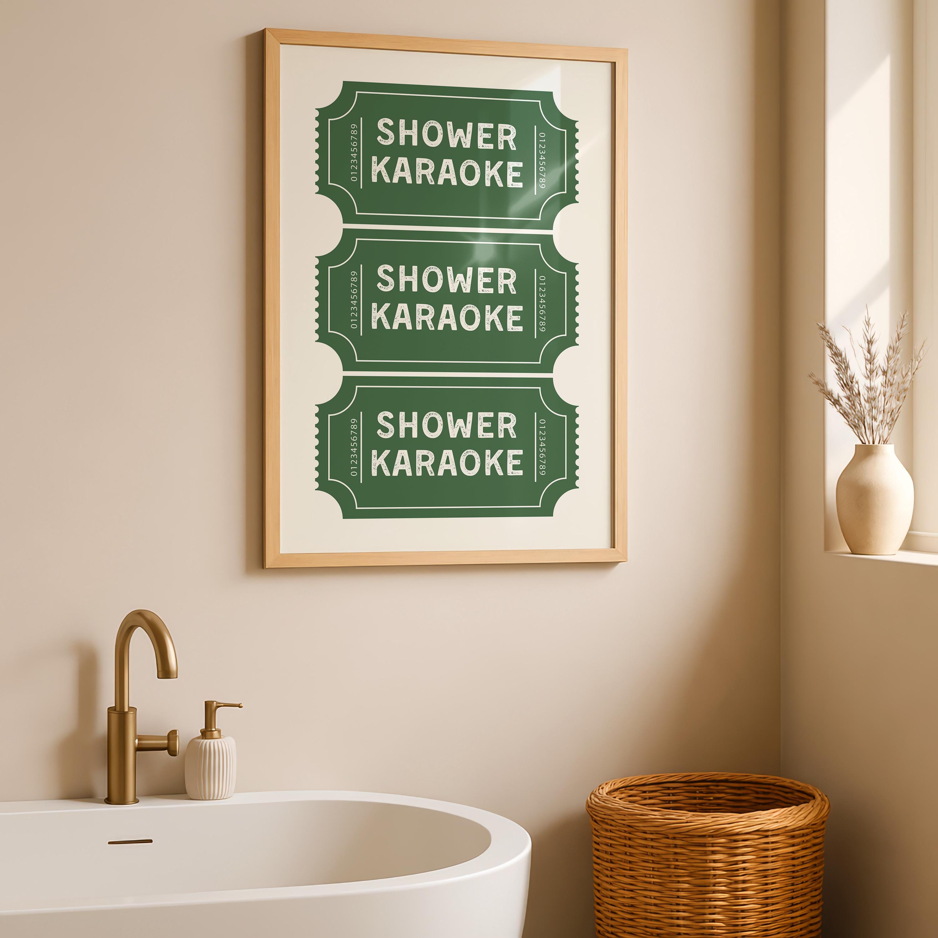 Shower Karaoke Print, Funny Bathroom Wall Art, Retro Ticket Poster, Green Check Print, Humorous Bathroom Decor, Digital Download Gift