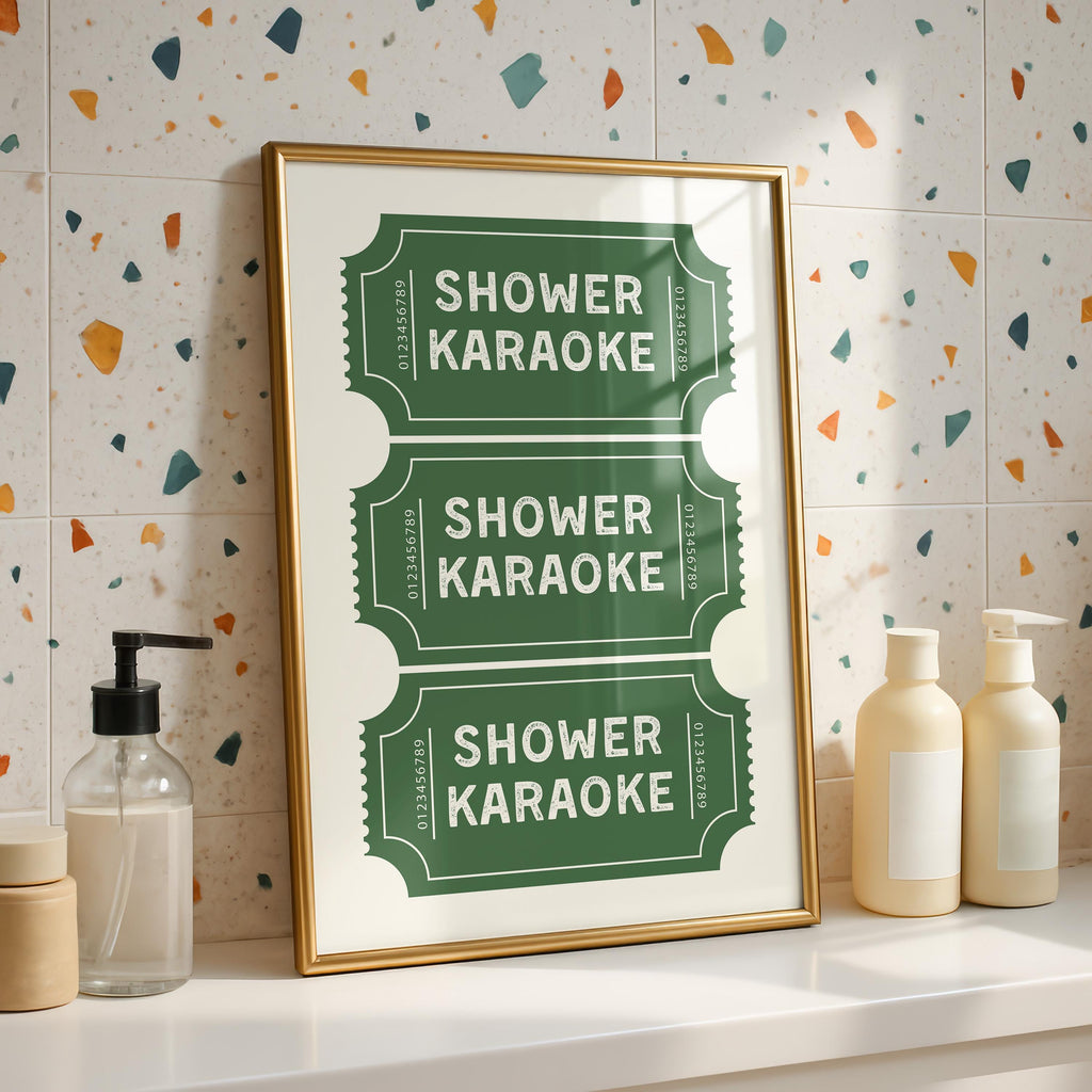 Shower Karaoke Print, Funny Bathroom Wall Art, Retro Ticket Poster, Green Check Print, Humorous Bathroom Decor, Digital Download Gift