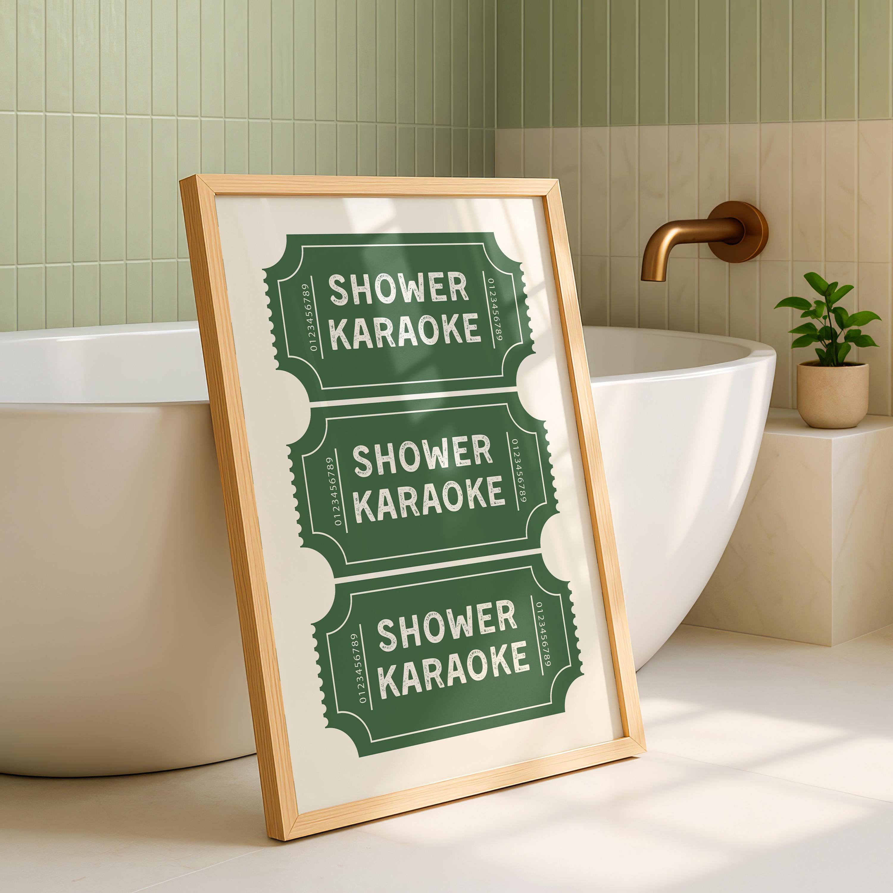 Shower Karaoke Print, Funny Bathroom Wall Art, Retro Ticket Poster, Green Check Print, Humorous Bathroom Decor, Digital Download Gift