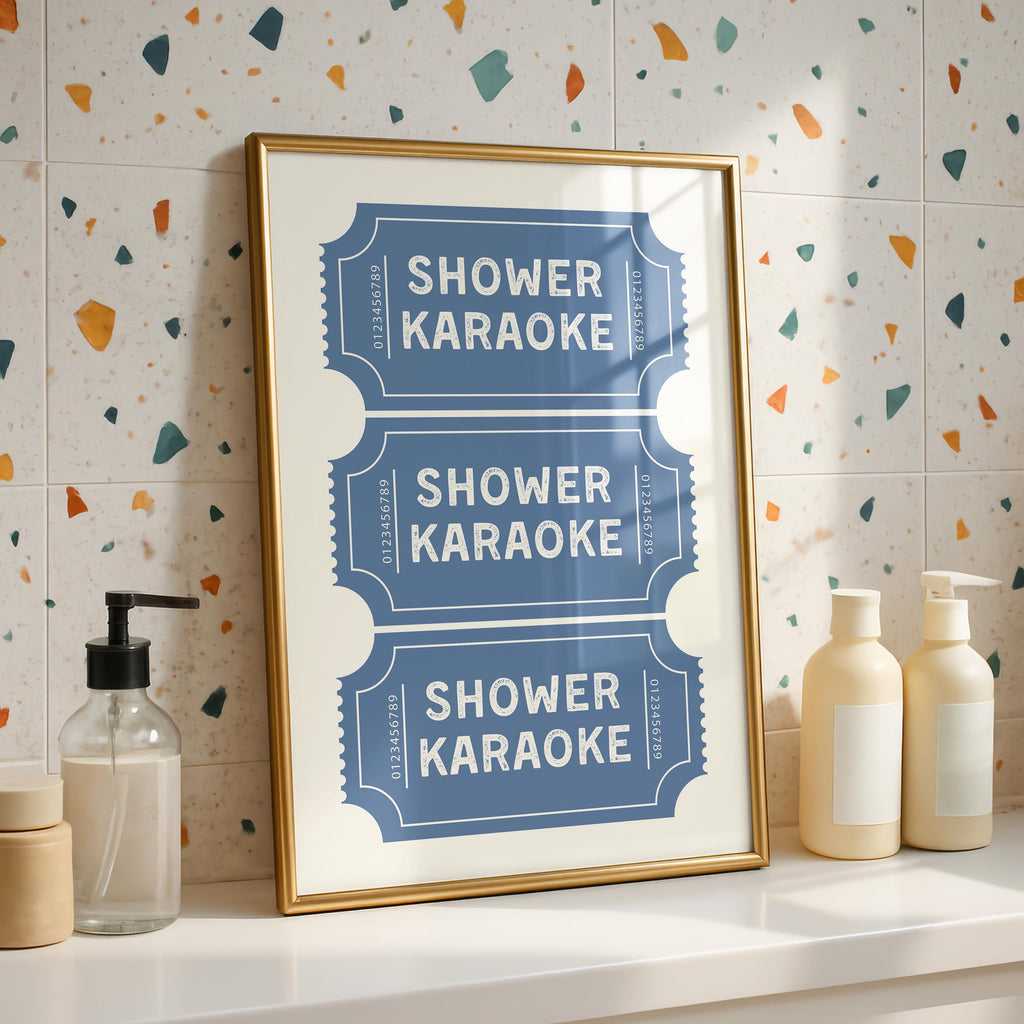 Shower Karaoke Print, Funny Bathroom Wall Art, Blue Ticket Poster, Retro Bathroom Decor, Humorous Wall Art Gift, DIGITAL DOWNLOAD