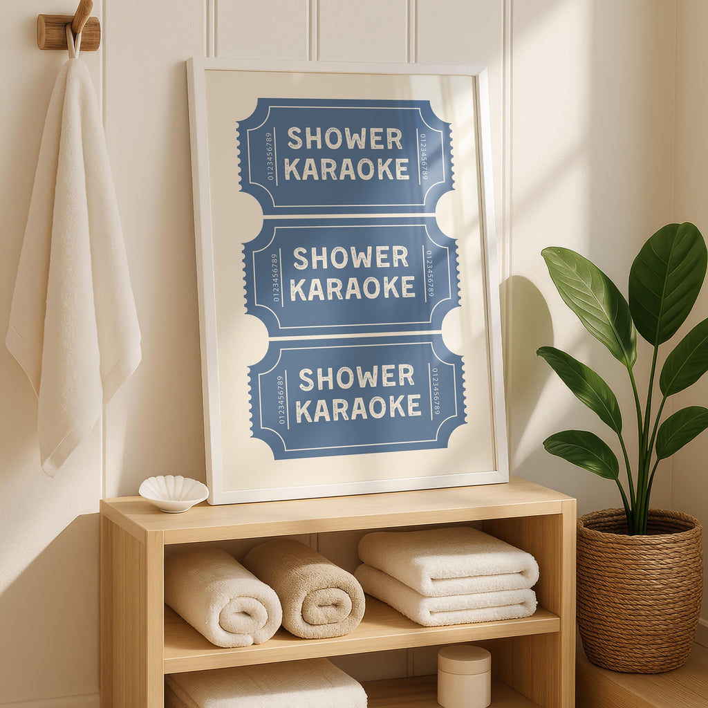 Shower Karaoke Print, Funny Bathroom Wall Art, Blue Ticket Poster, Retro Bathroom Decor, Humorous Wall Art Gift, DIGITAL DOWNLOAD