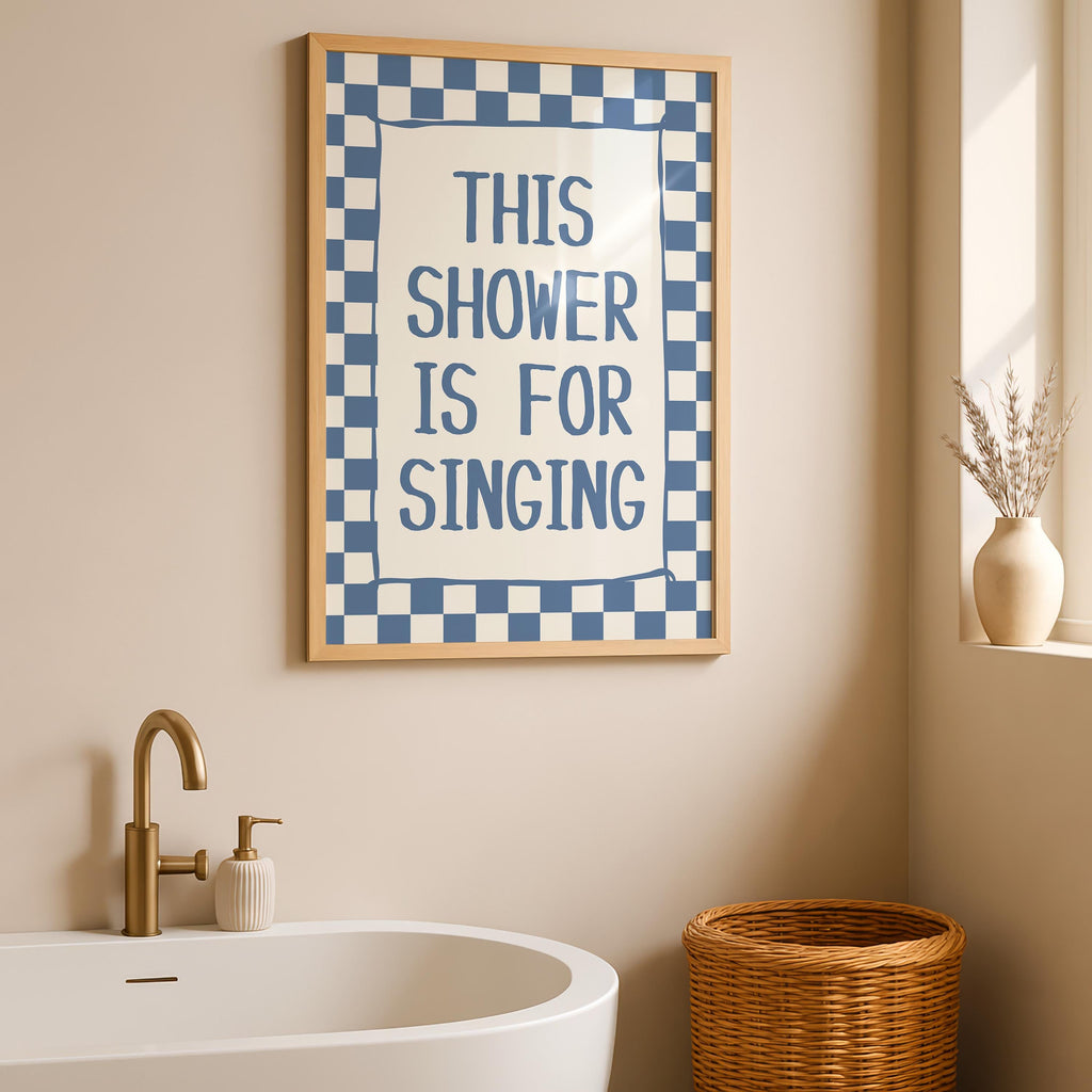 This Shower Is for Singing Print, Funny Bathroom Wall Art, Blue Checkerboard Poster, Retro Bathroom Decor, Humorous Gift, Digital Download