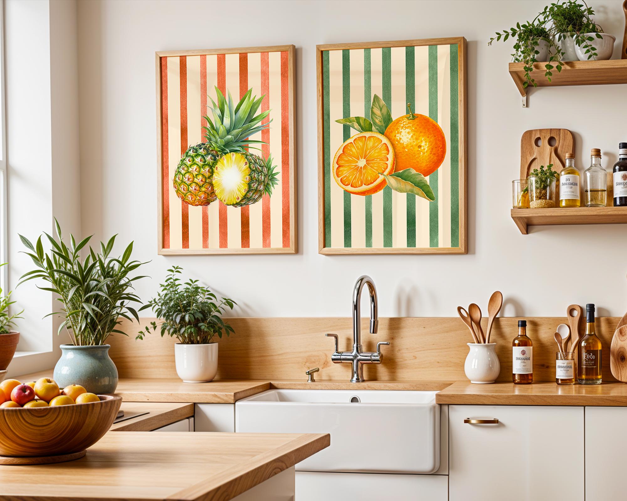 Retro Fruit Abstract Kitchen Art Print Set of 3 Gallery Minimalist Wall Art Orange Watermelon Pineapple Fruit Market Print Digital Download