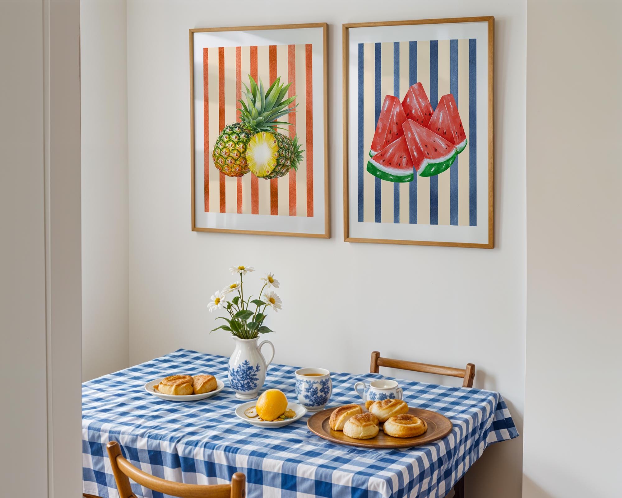 Retro Fruit Abstract Kitchen Art Print Set of 3 Gallery Minimalist Wall Art Orange Watermelon Pineapple Fruit Market Print Digital Download