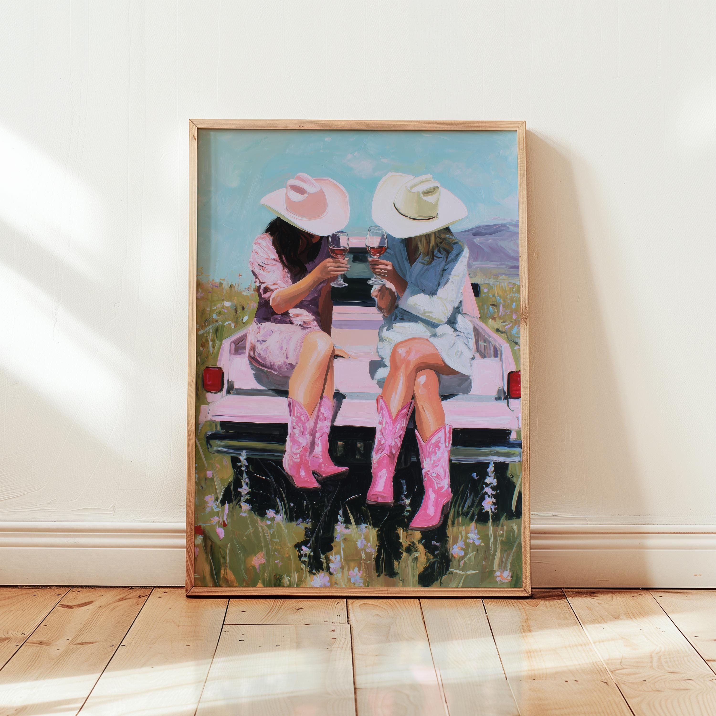 Western Cowgirl Art Print, Pink Cowboy Boots Wall Art, Country Girls Wine Truck Poster, Ranch Style Decor, Southern Wall Print, DIGITAL