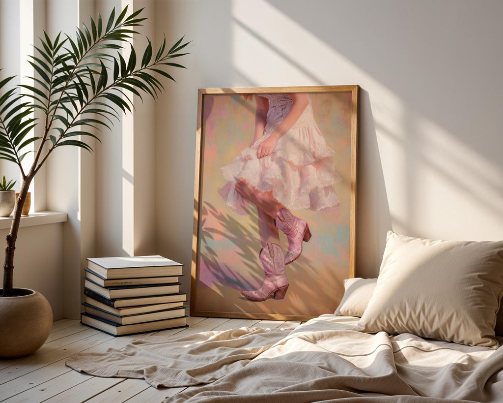 Pink Cowboy Boots Art Print, Western Cowgirl Wall Art, Country Dress Poster, Feminine Ranch Style Decor, Southern Aesthetic Print, DIGITAL