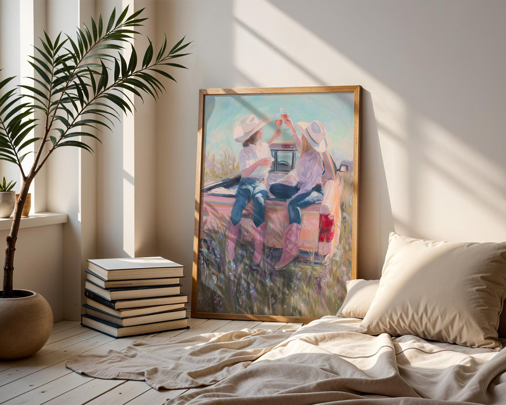 Cowgirl Wine Art Print, Western Country Girls Poster, Pink Cowboy Boots Wall Art, Ranch Truck Decor, Southern Friendship Print, DIGITAL