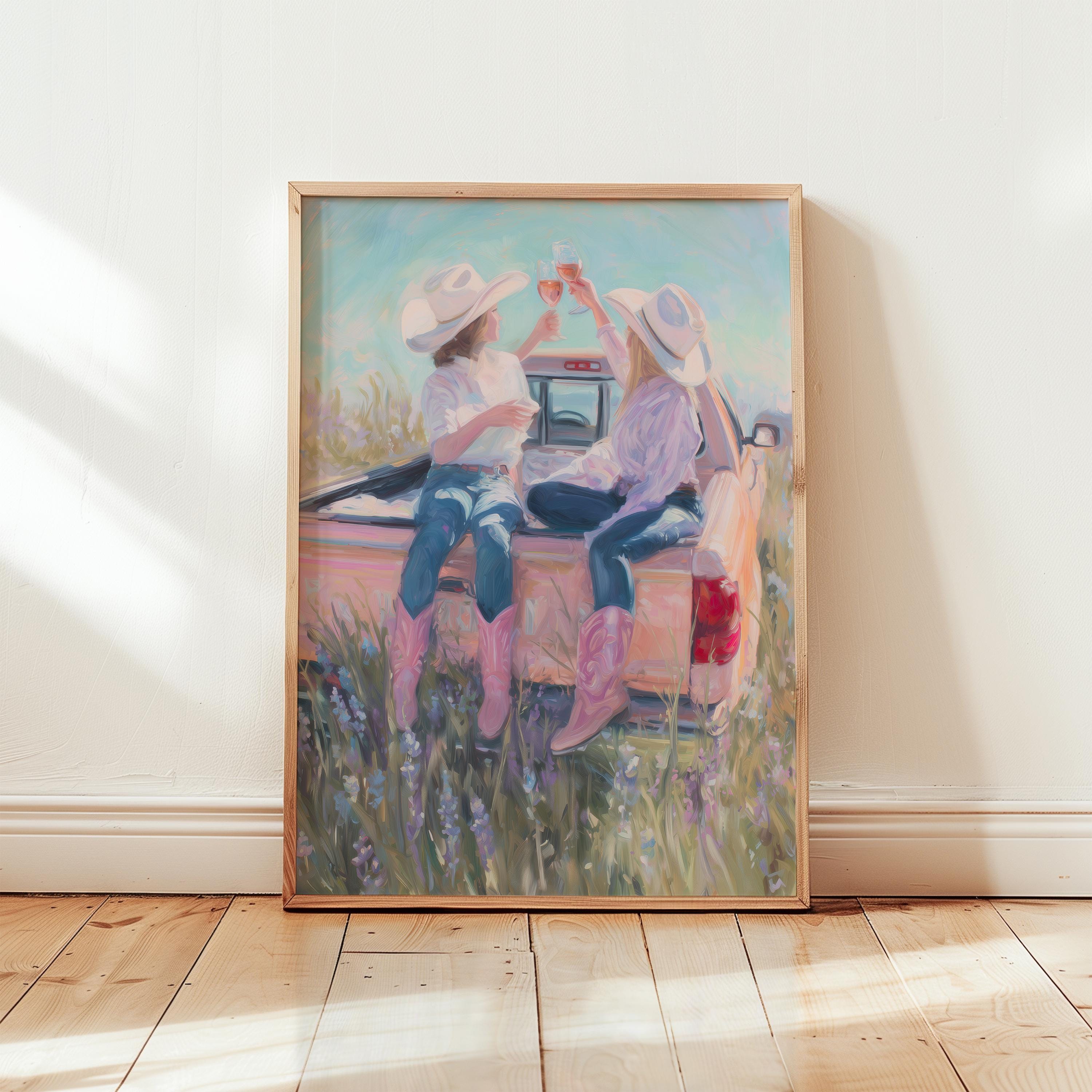 Cowgirl Wine Art Print, Western Country Girls Poster, Pink Cowboy Boots Wall Art, Ranch Truck Decor, Southern Friendship Print, DIGITAL