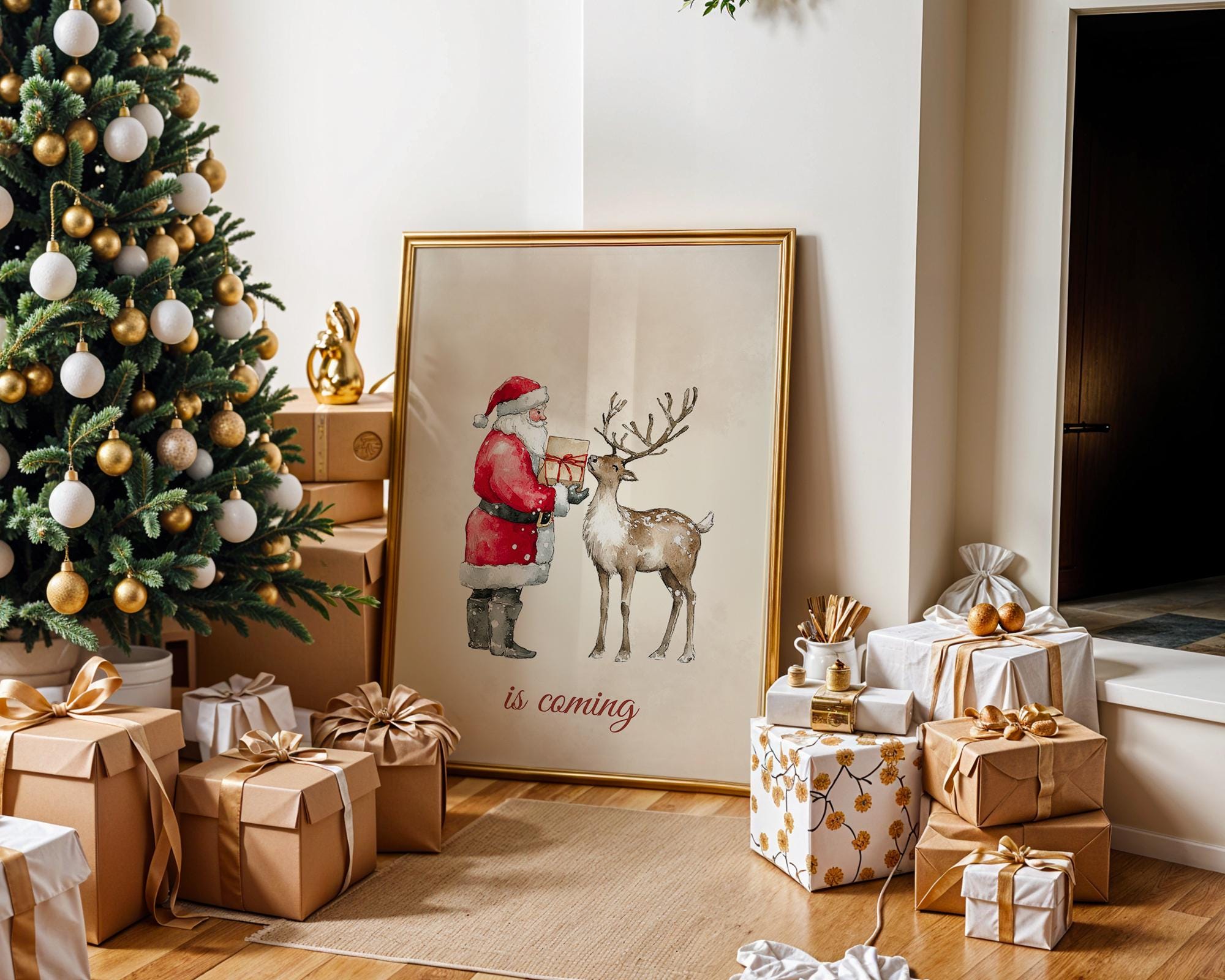 Set of 3 Christmas Prints Christmas Santa Claus with a Deer Print Xmas Printable Home Decor Christmas decorations Christmas Wall Art DIGITAL