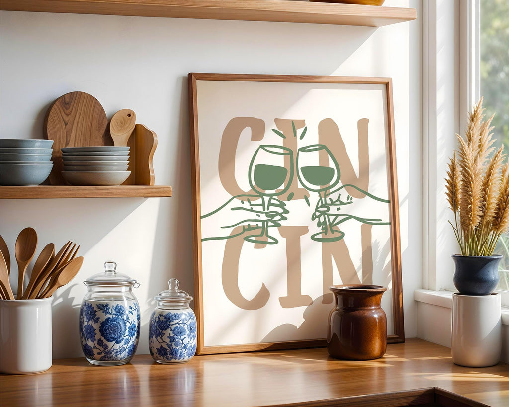 Cin Cin Kitchen Wall Art, Wine Print Set, Cheers Poster, Modern Minimalist Bar Decor, Green Beige Dining Room Printable, DIGITAL DOWNLOAD