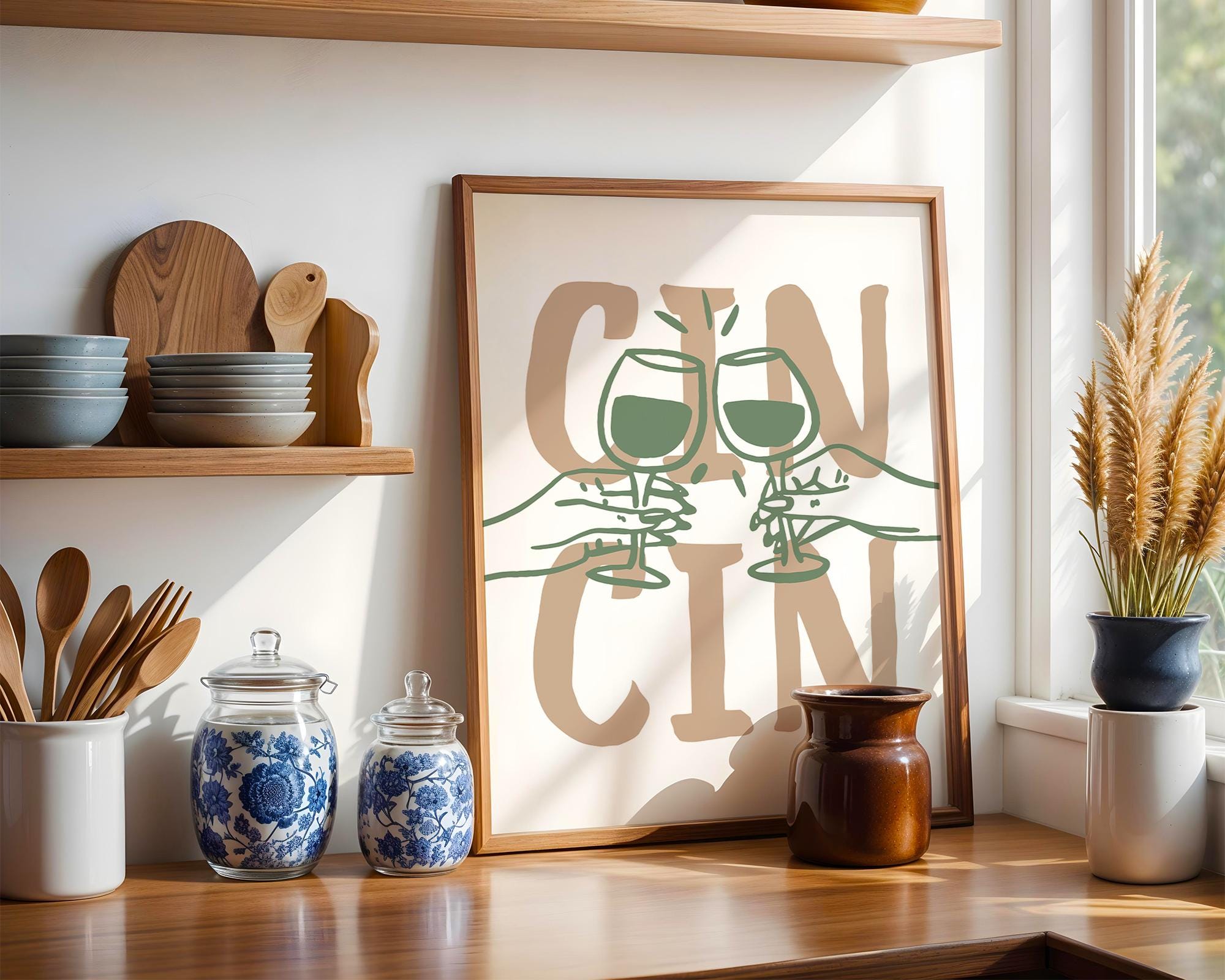 Cin Cin Kitchen Wall Art, Wine Print Set, Cheers Poster, Modern Minimalist Bar Decor, Green Beige Dining Room Printable, DIGITAL DOWNLOAD