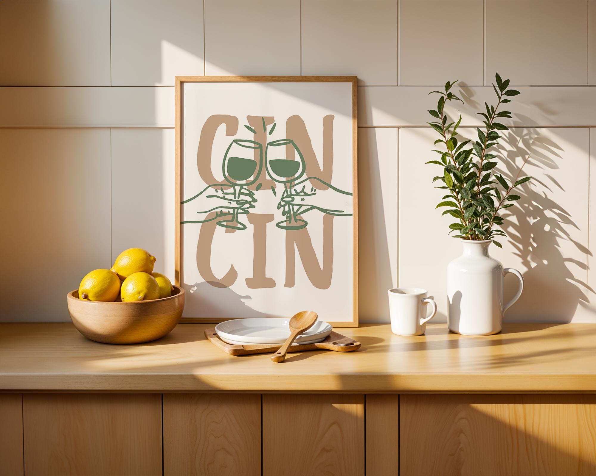 Cin Cin Kitchen Wall Art, Wine Print Set, Cheers Poster, Modern Minimalist Bar Decor, Green Beige Dining Room Printable, DIGITAL DOWNLOAD