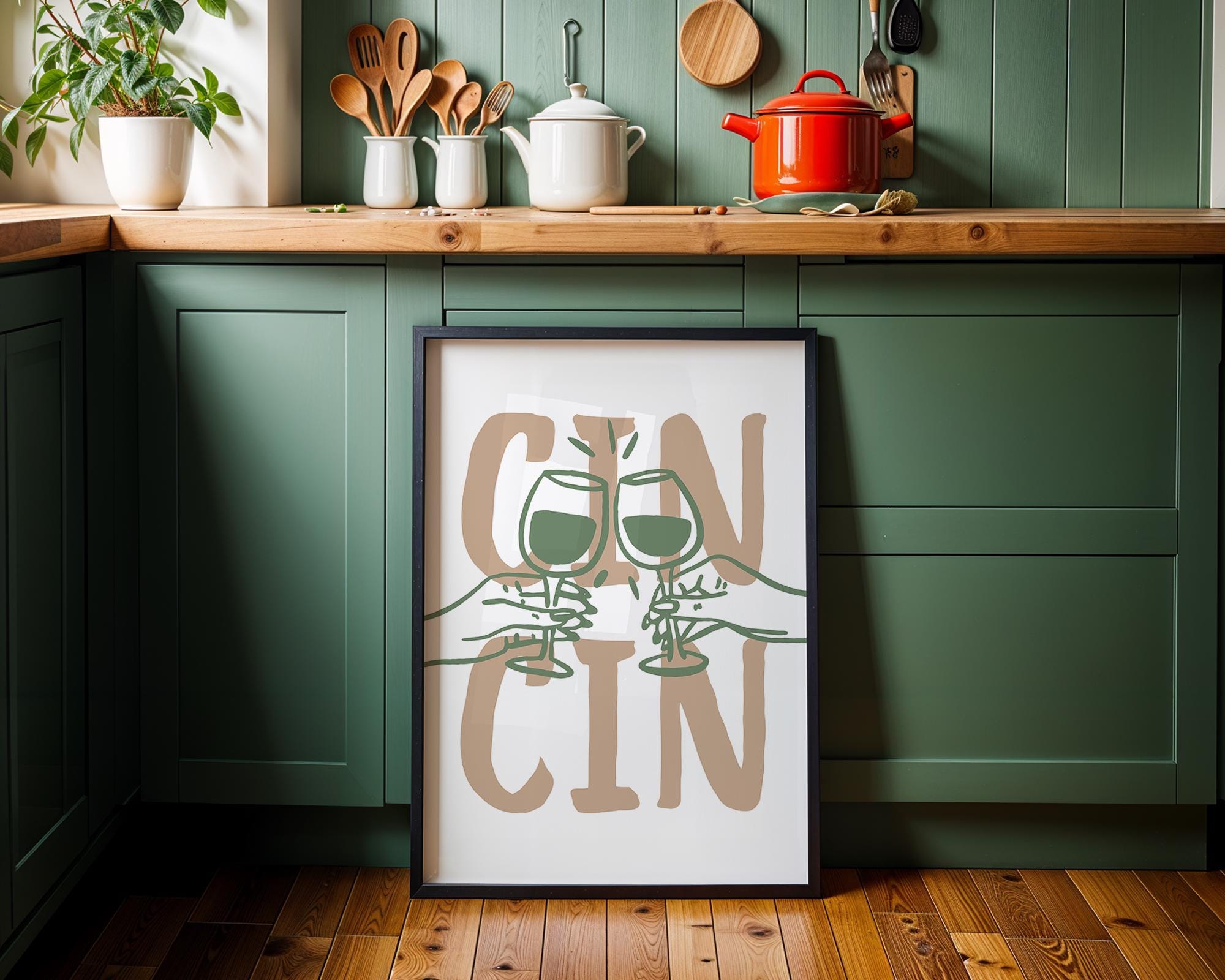 Cin Cin Kitchen Wall Art, Wine Print Set, Cheers Poster, Modern Minimalist Bar Decor, Green Beige Dining Room Printable, DIGITAL DOWNLOAD