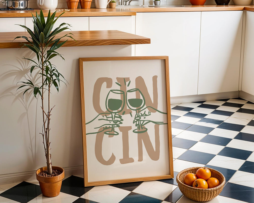 Cin Cin Kitchen Wall Art, Wine Print Set, Cheers Poster, Modern Minimalist Bar Decor, Green Beige Dining Room Printable, DIGITAL DOWNLOAD