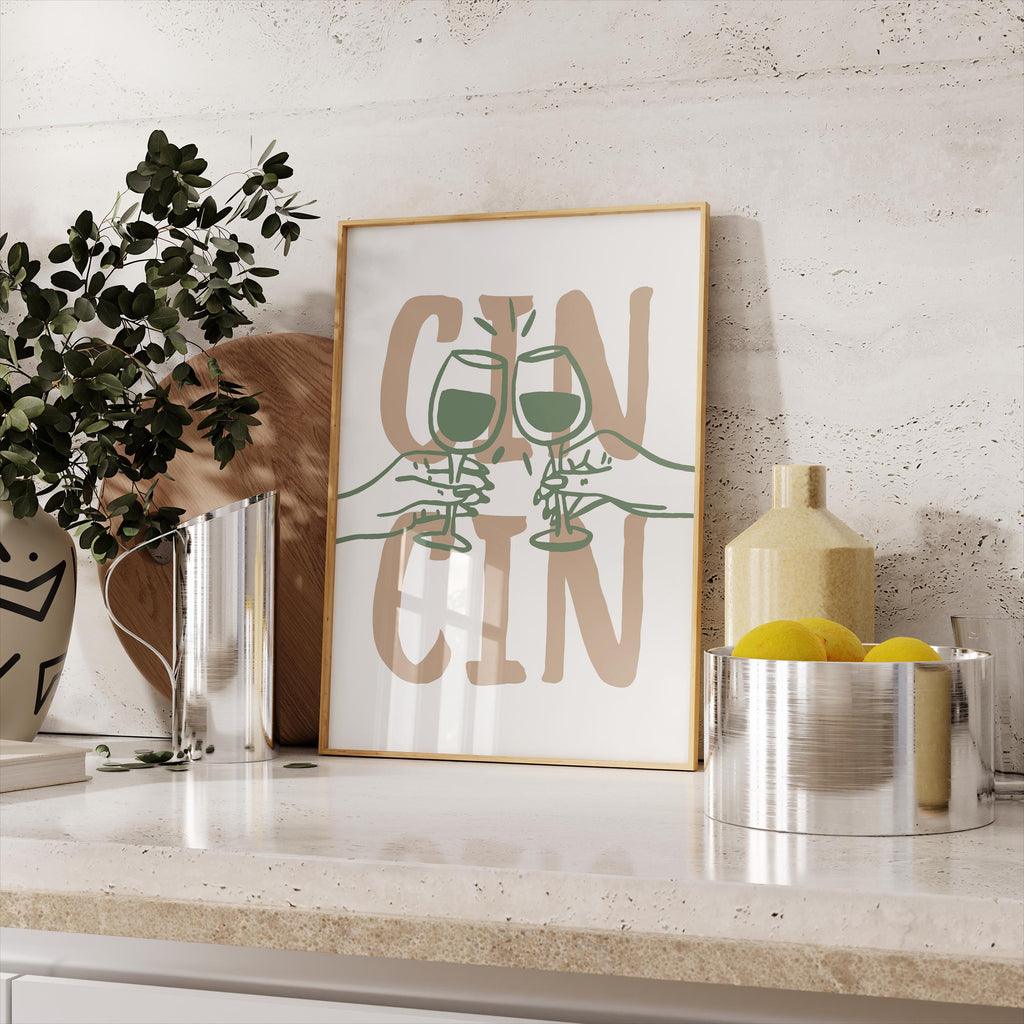 Cin Cin Kitchen Wall Art, Wine Print Set, Cheers Poster, Modern Minimalist Bar Decor, Green Beige Dining Room Printable, DIGITAL DOWNLOAD