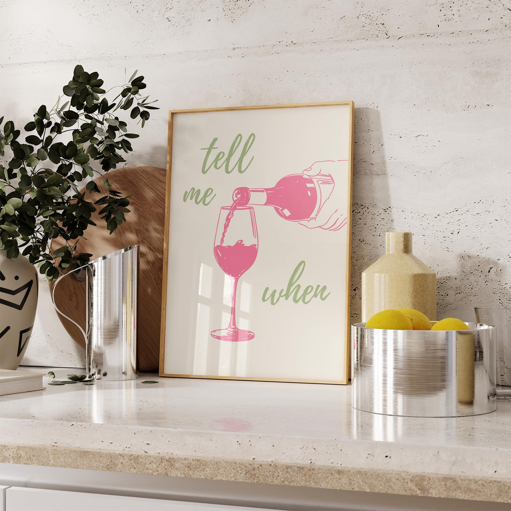 Tell Me When Retro Print, Kitchen Decor, Wine Lover Gift, Retro Bar Cart Print, Dining Room Wall Decor, Pink & Green Trendy Wall Art DIGITAL