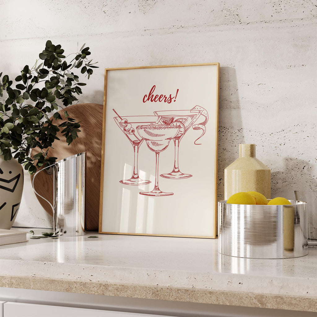 Cheers Print Red, Bar Cart Poster, Trendy Wall Art, Retro Kitchen Poster, Red Aesthetic Decor Cocktail Wall Preppy Drink Print DIGITAL PRINT