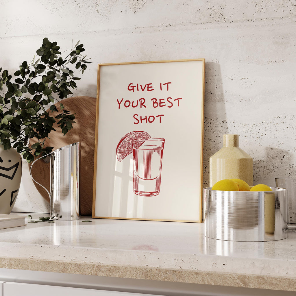 Give It Your Best Shot Red Print Bar cart Print Liquor Poster Modern Bar Cart Wall Art Vodka Poster Red Tequila Print DIGITAL DOWNLOAD
