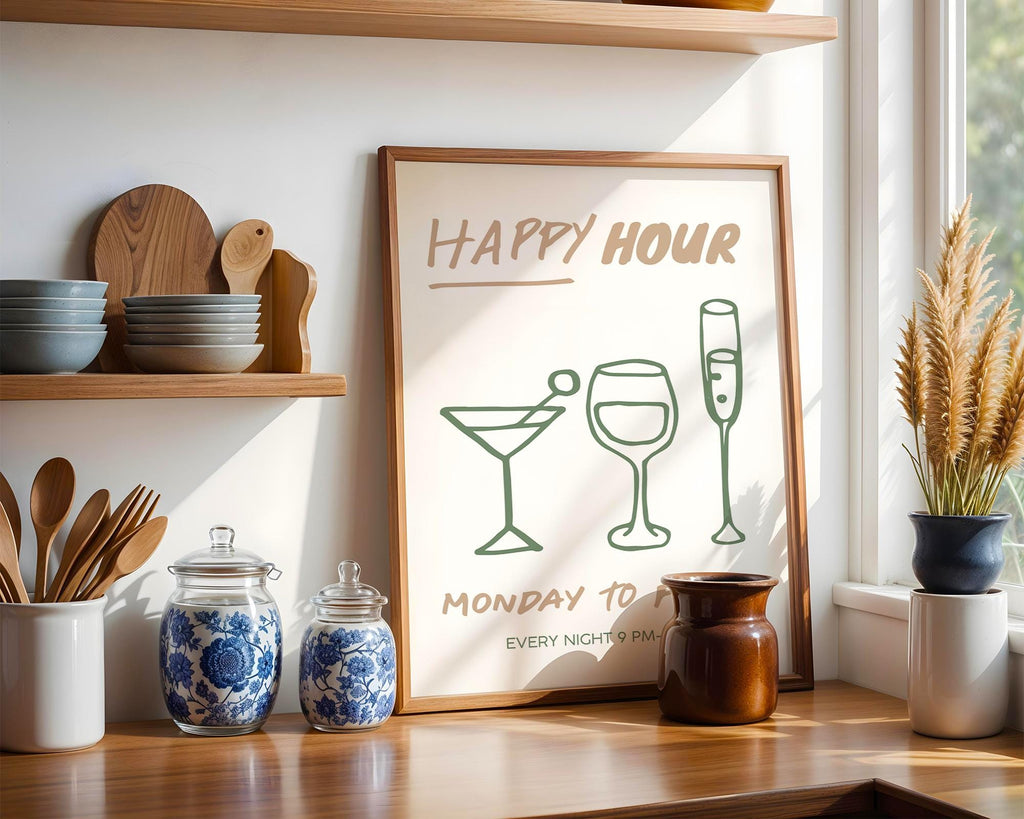 Happy Hour Poster, Bar Wall Art Printable, Minimal Line Art Drinks Print, Modern Kitchen Decor, Green Beige Cocktail Wine Print, DIGITAL