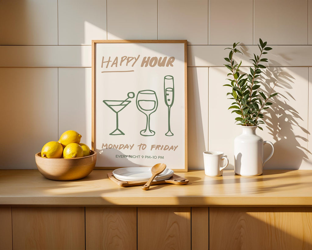 Happy Hour Poster, Bar Wall Art Printable, Minimal Line Art Drinks Print, Modern Kitchen Decor, Green Beige Cocktail Wine Print, DIGITAL