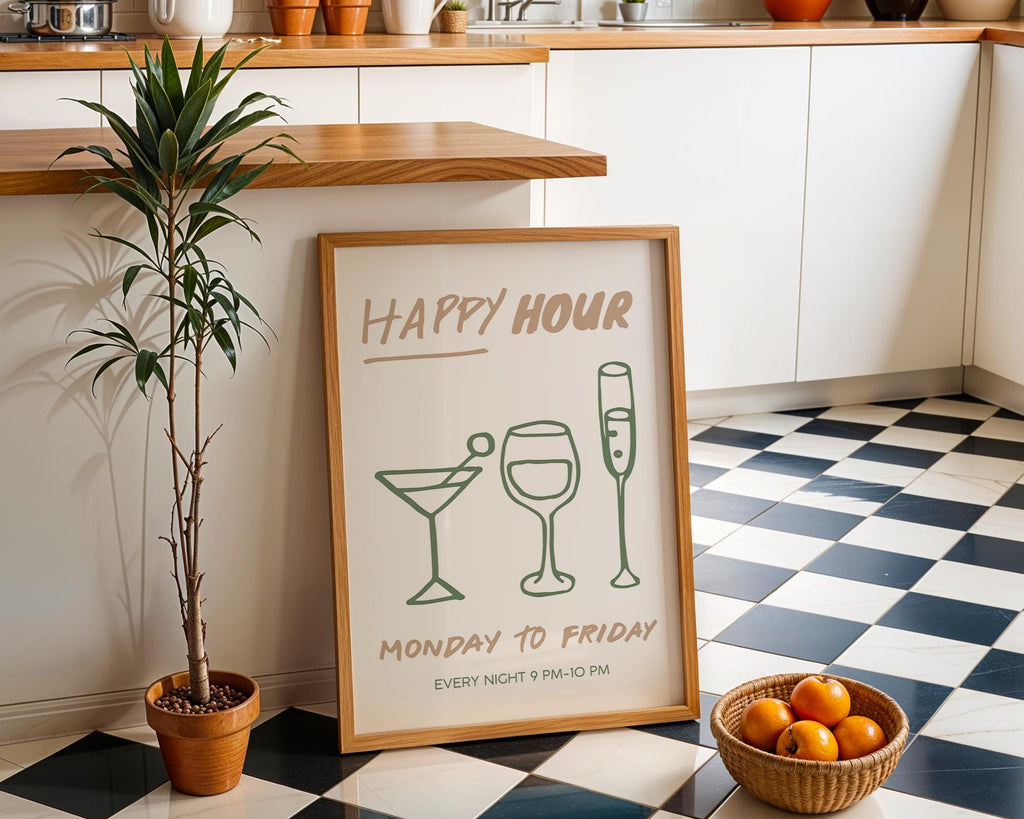 Happy Hour Poster, Bar Wall Art Printable, Minimal Line Art Drinks Print, Modern Kitchen Decor, Green Beige Cocktail Wine Print, DIGITAL