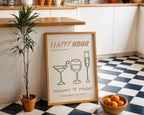 Happy Hour Poster, Bar Wall Art Printable, Minimal Line Art Drinks Print, Modern Kitchen Decor, Green Beige Cocktail Wine Print, DIGITAL