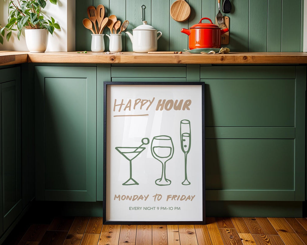 Happy Hour Poster, Bar Wall Art Printable, Minimal Line Art Drinks Print, Modern Kitchen Decor, Green Beige Cocktail Wine Print, DIGITAL