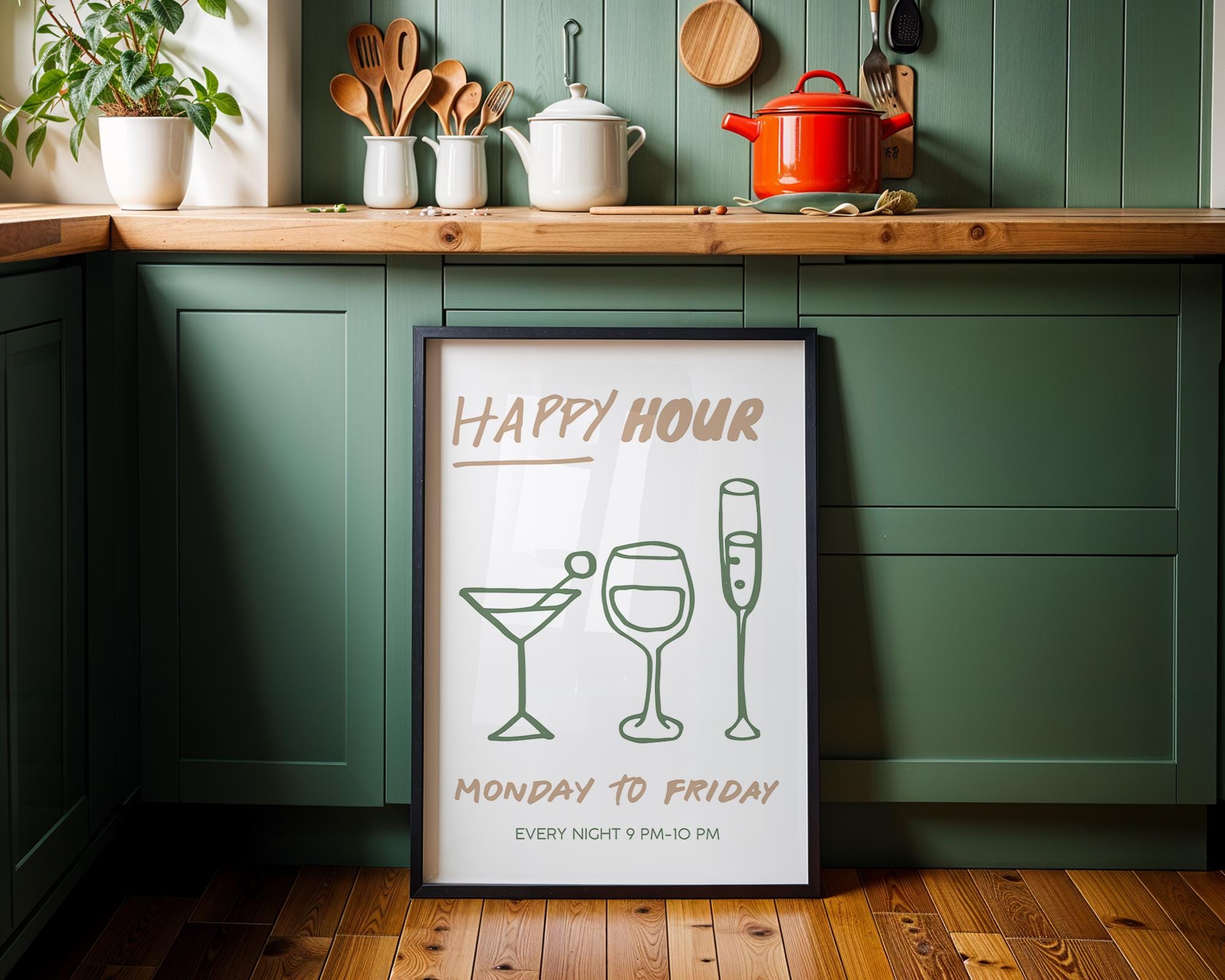 Happy Hour Poster, Bar Wall Art Printable, Minimal Line Art Drinks Print, Modern Kitchen Decor, Green Beige Cocktail Wine Print, DIGITAL