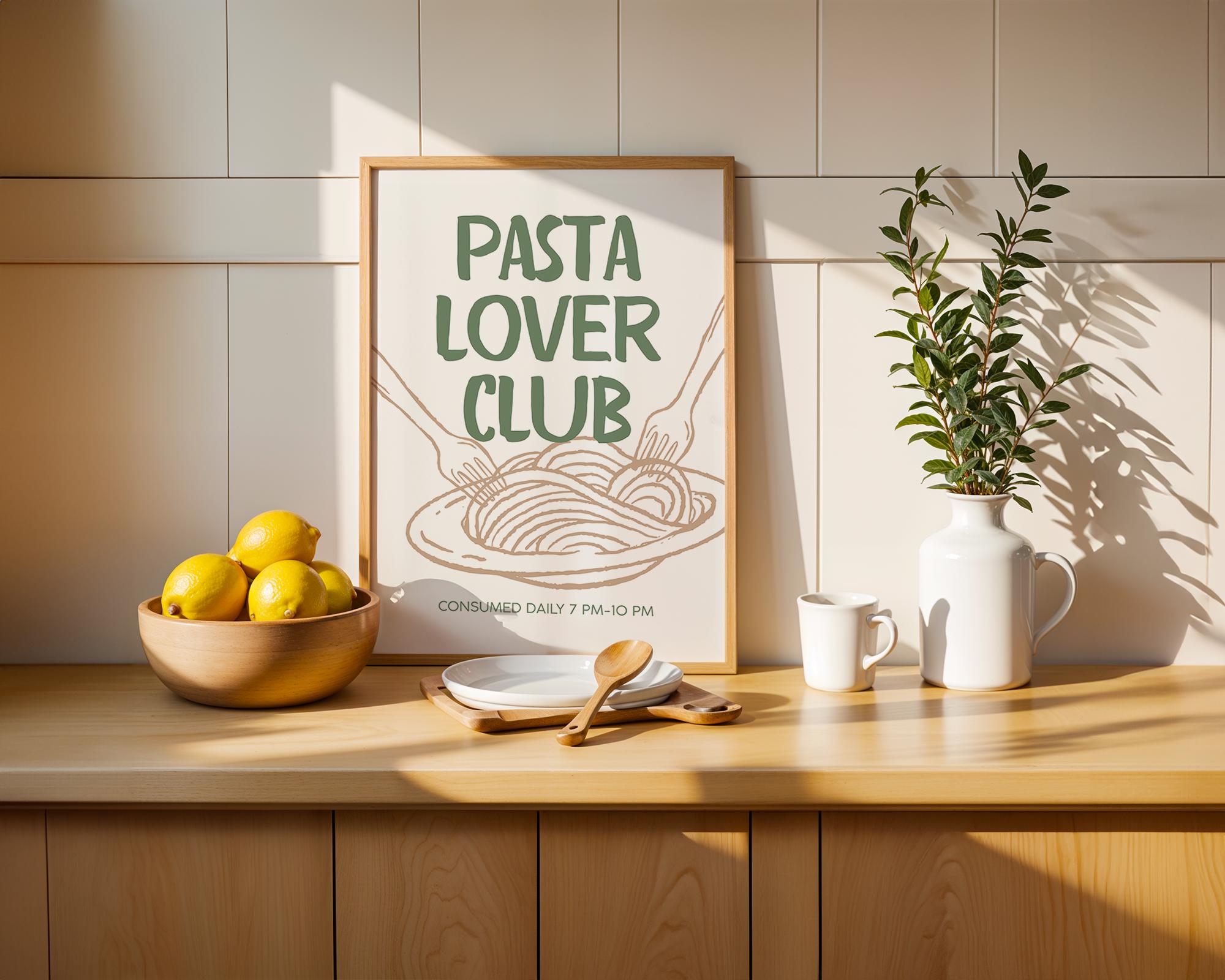 Pasta Lover Club Poster, Italian Kitchen Wall Art, Funny Food Print, Modern Green Beige Typography, Dining Room Decor, DIGITAL DOWNLOAD