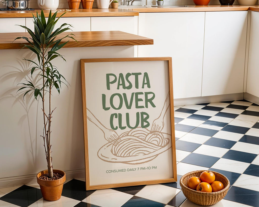 Pasta Lover Club Poster, Italian Kitchen Wall Art, Funny Food Print, Modern Green Beige Typography, Dining Room Decor, DIGITAL DOWNLOAD