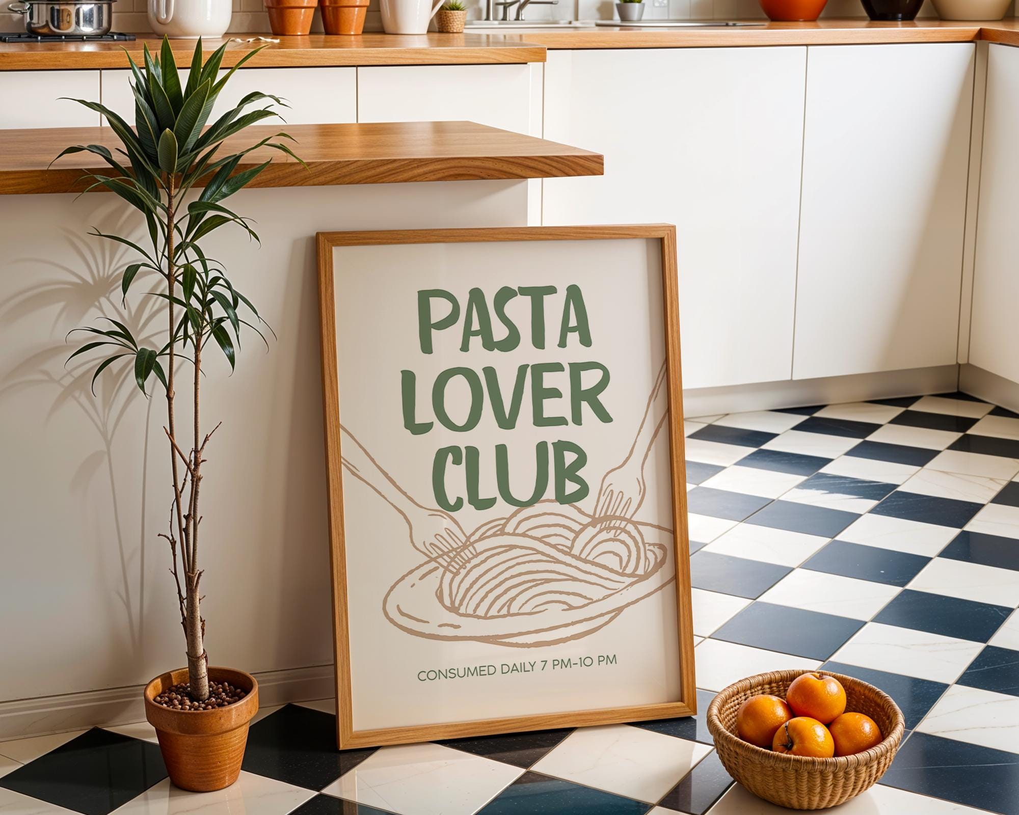 Pasta Lover Club Poster, Italian Kitchen Wall Art, Funny Food Print, Modern Green Beige Typography, Dining Room Decor, DIGITAL DOWNLOAD
