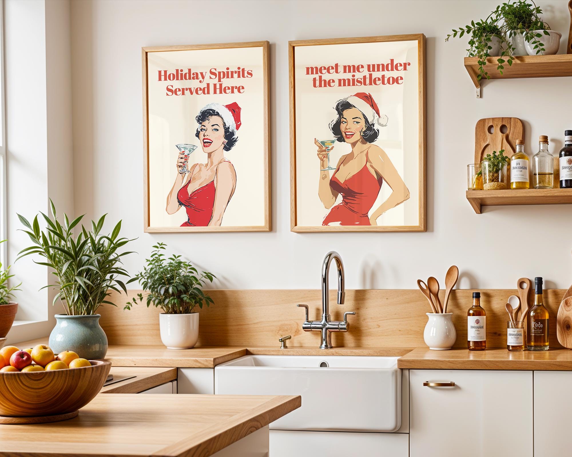 Meet Me Under The Mistletoe, Funny Retro Christmas Wall Art Print, Pin Up Holiday Cocktail Poster, Vintage Santa Bar Cart Decor DIGITAL
