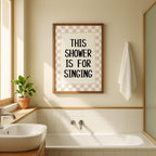 This Shower Is for Singing Print, Funny Bathroom Wall Art, Retro Checkerboard Poster, Beige Check Print, Humorous Home Decor Gift, DIGITAL