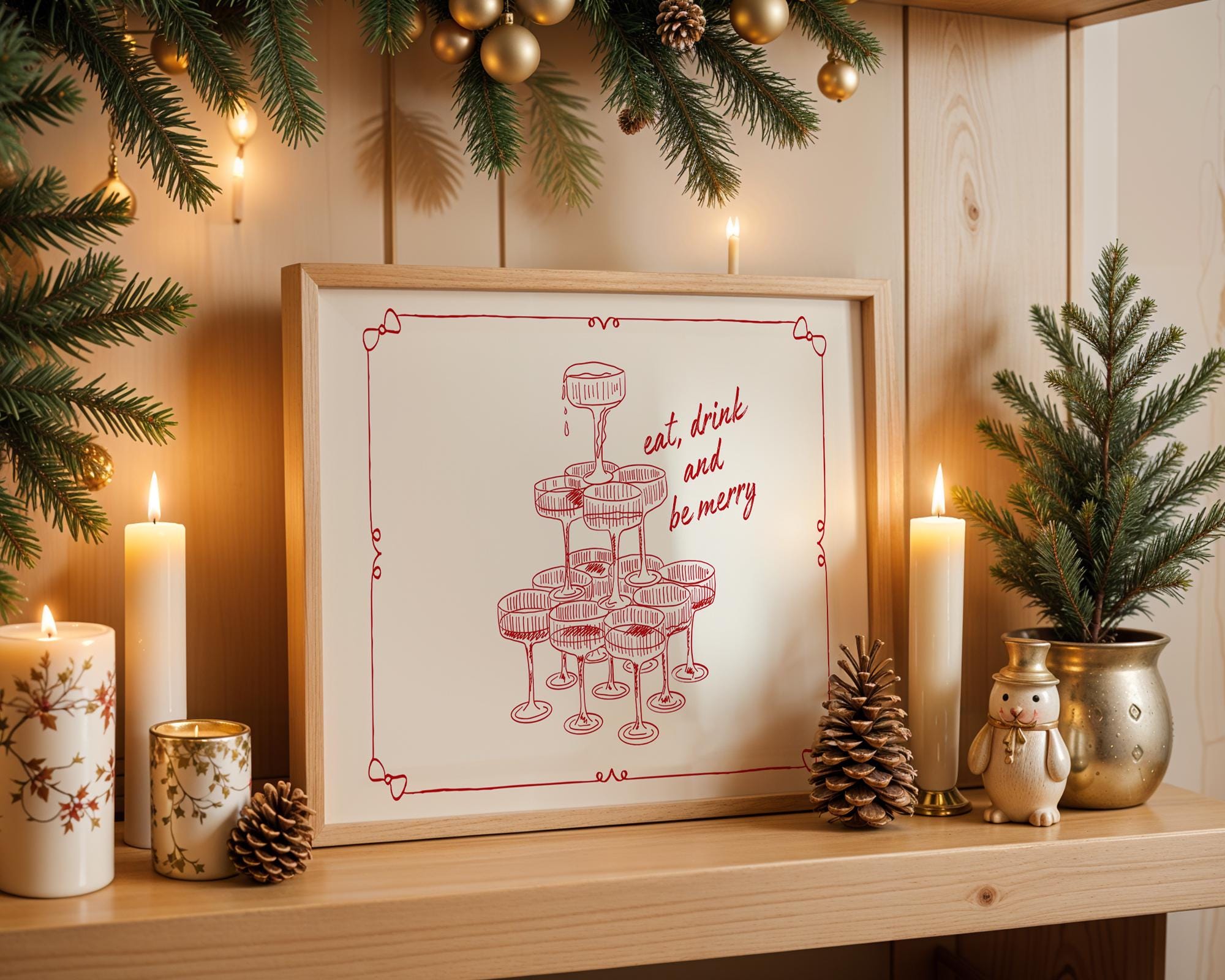 Eat Drink and Be Merry Horizontal Print, Champagne Tower Poster, Christmas Bar Cart Decor, Holiday Wall Art, Festive Kitchen Gift DIGITAL