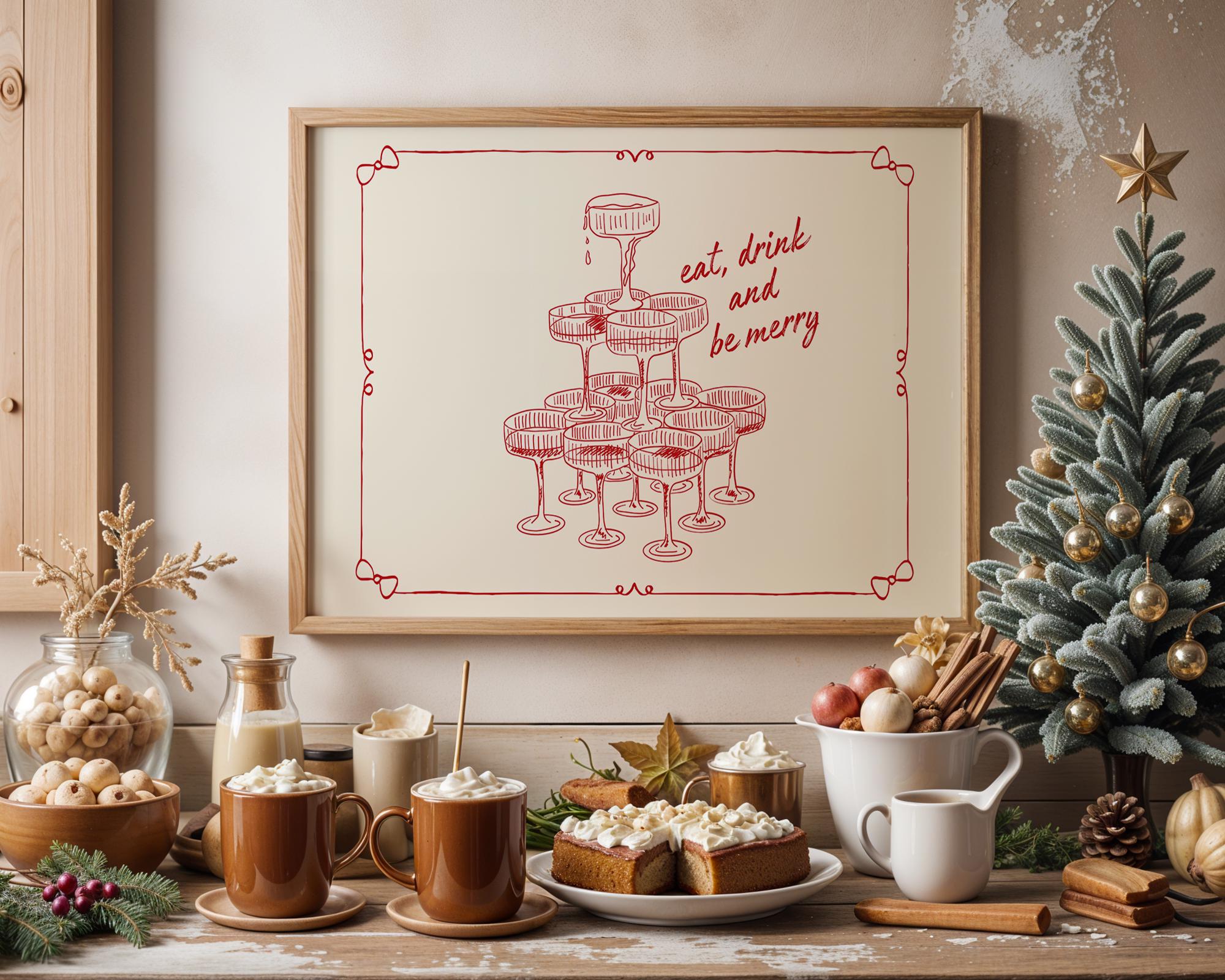 Eat Drink and Be Merry Horizontal Print, Champagne Tower Poster, Christmas Bar Cart Decor, Holiday Wall Art, Festive Kitchen Gift DIGITAL