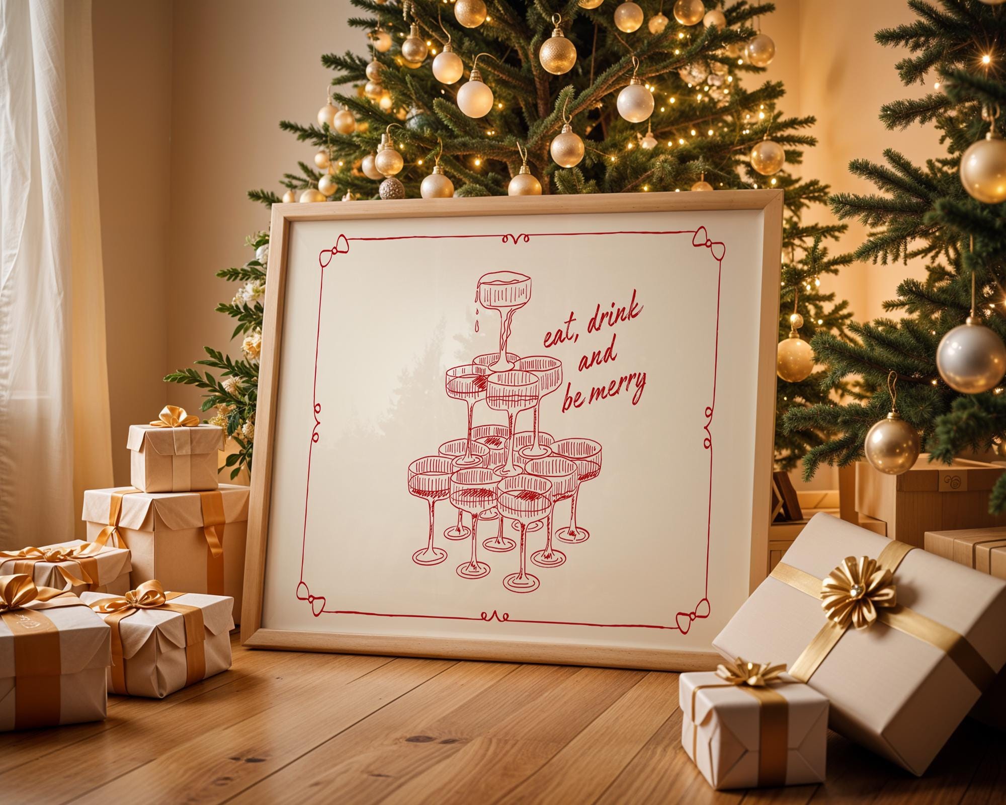 Eat Drink and Be Merry Horizontal Print, Champagne Tower Poster, Christmas Bar Cart Decor, Holiday Wall Art, Festive Kitchen Gift DIGITAL
