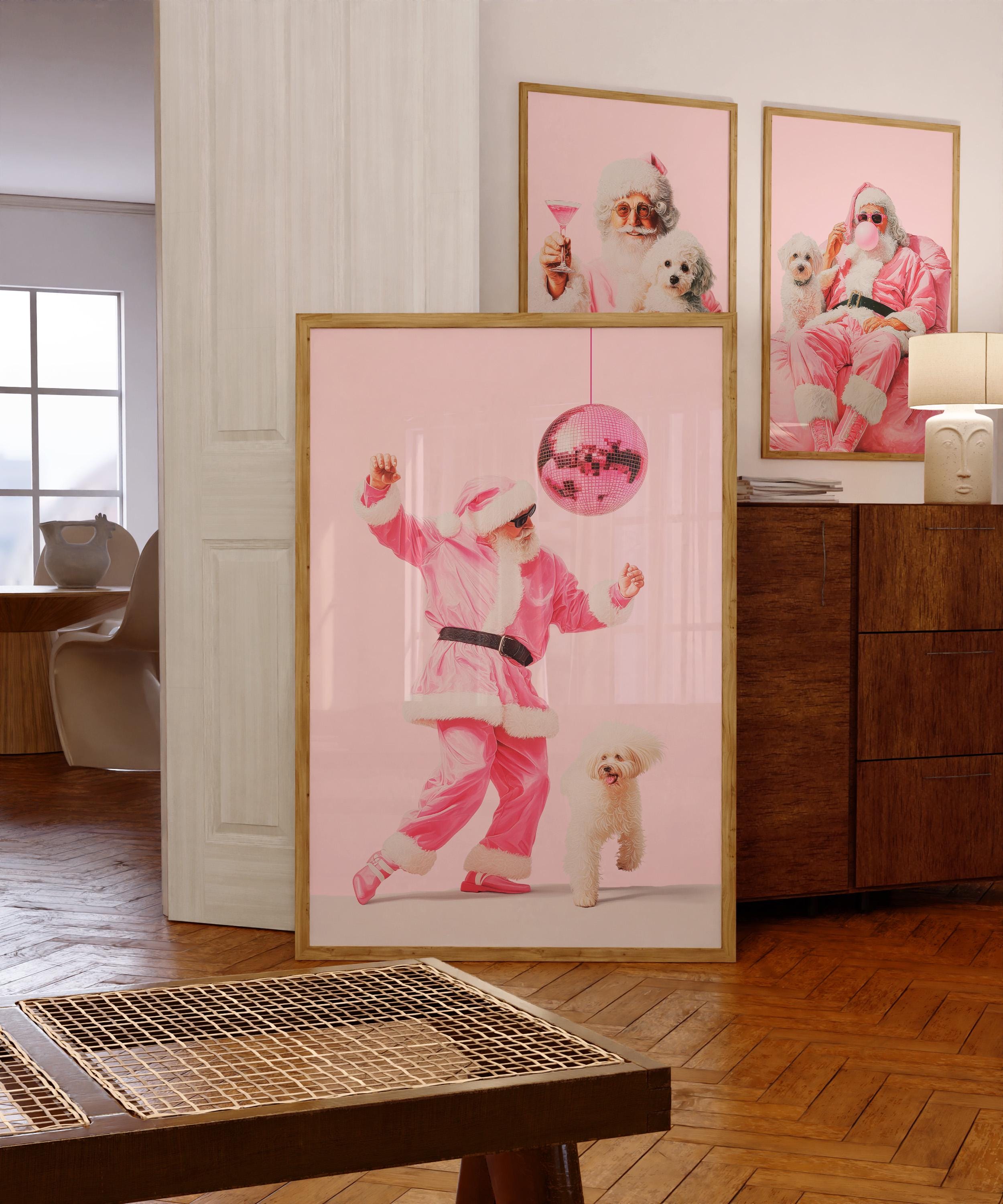 Funny Pink Santa Wall Art, Disco Christmas Poster, Cool Holiday Printable, Cute Dog Santa Print, Trendy Dorm Room Xmas Decor DIGITAL
