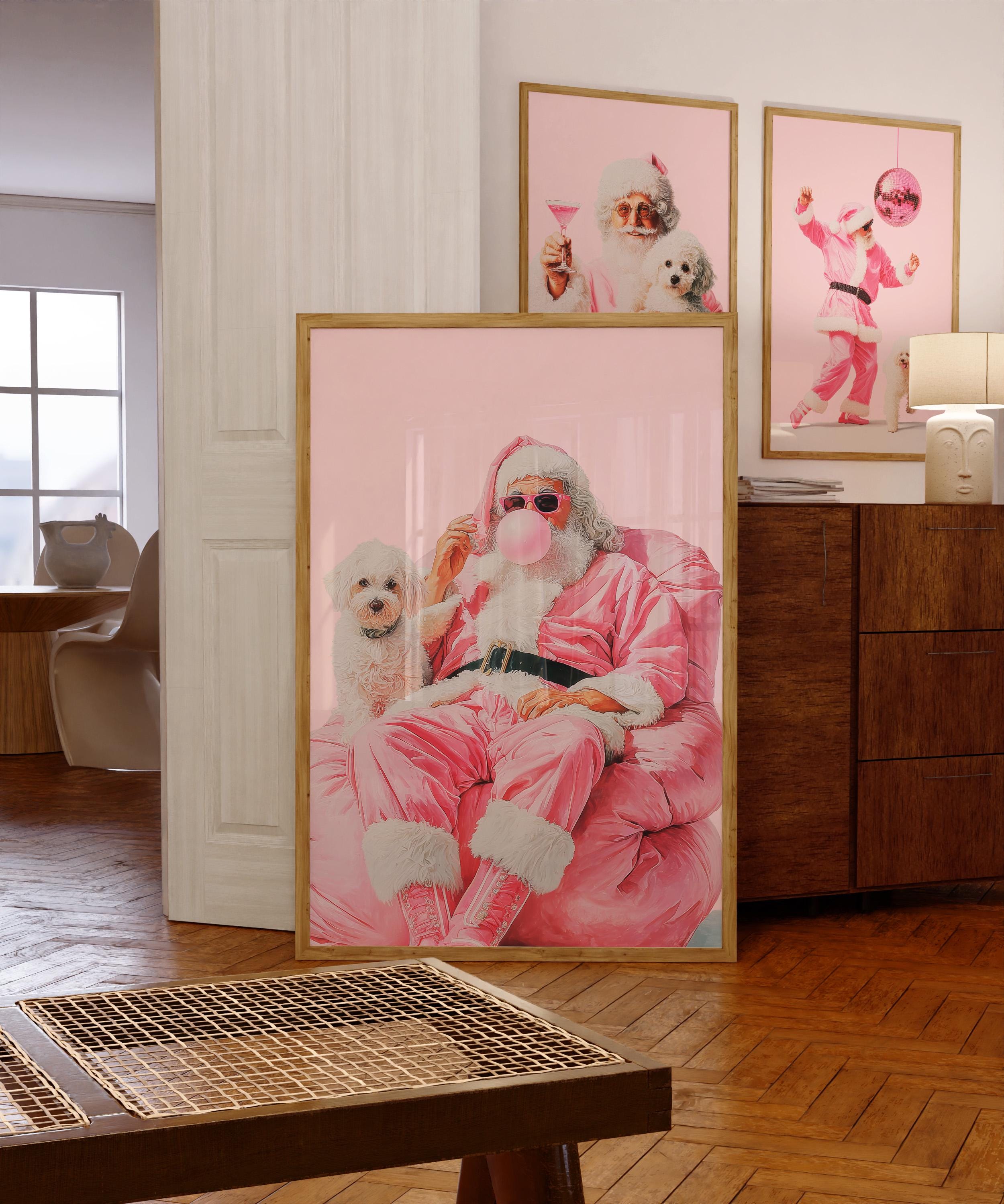 Trendy Pink Santa Claus Wall Art, Funny Christmas Printable with Dog, Retro Holiday Decor, Cool Bubblegum Santa Poster DIGITAL DOWNLOAD