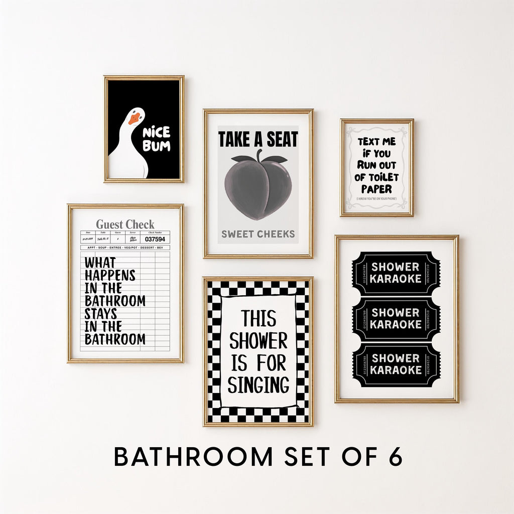 Funny Bathroom Wall Art Set of 6, Black and White Bathroom Prints, Modern Quote Posters, Minimalist Toilet Decor, DIGITAL DOWNLOAD