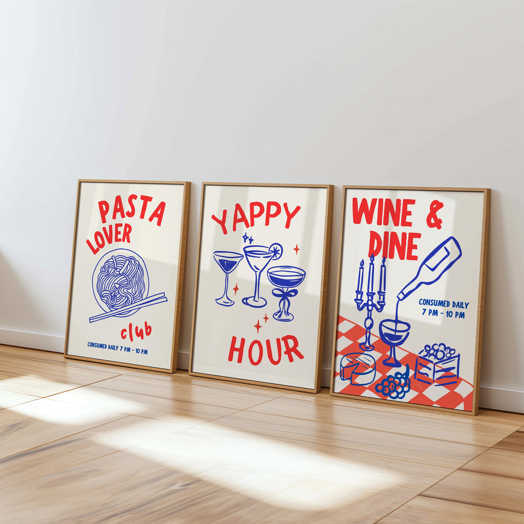 Kitchen Print Set, Food Wall Art Set of 3, Retro Happy Hour Digital Prints, Pasta Club Gallery Wall Set, Wine & Dine Trendy Wall Art