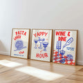 Kitchen Print Set, Food Wall Art Set of 3, Retro Happy Hour Digital Prints, Pasta Club Gallery Wall Set, Wine & Dine Trendy Wall Art