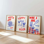 Kitchen Print Set, Food Wall Art Set of 3, Retro Happy Hour Digital Prints, Pasta Club Gallery Wall Set, Wine & Dine Trendy Wall Art