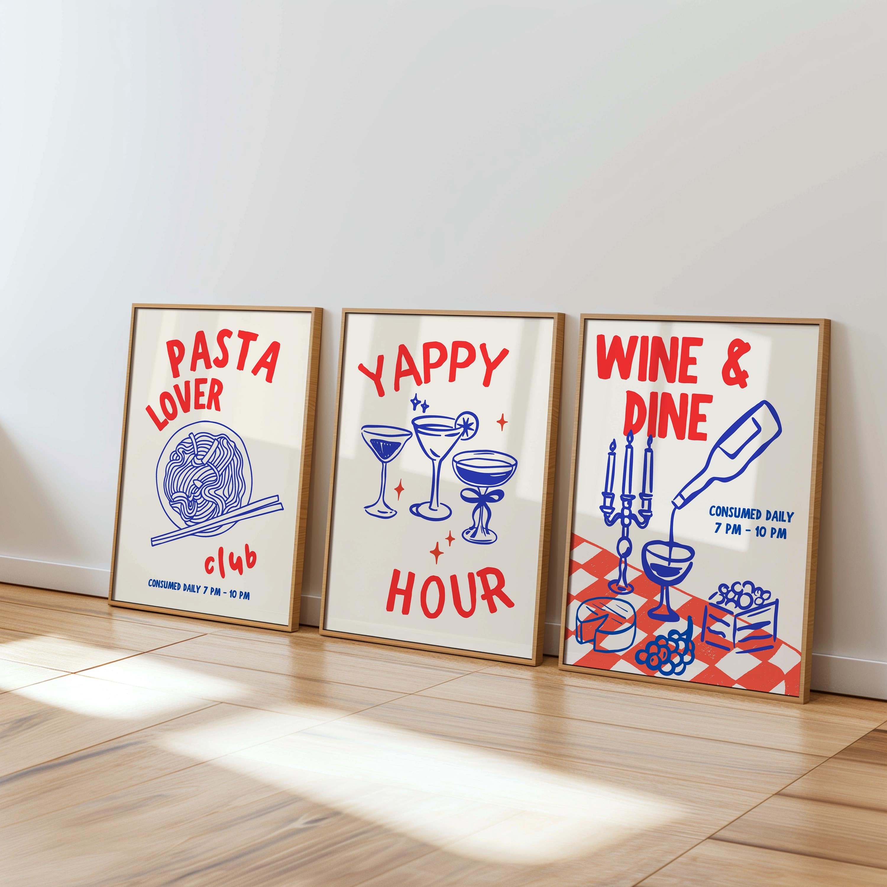 Kitchen Print Set, Food Wall Art Set of 3, Retro Happy Hour Digital Prints, Pasta Club Gallery Wall Set, Wine & Dine Trendy Wall Art