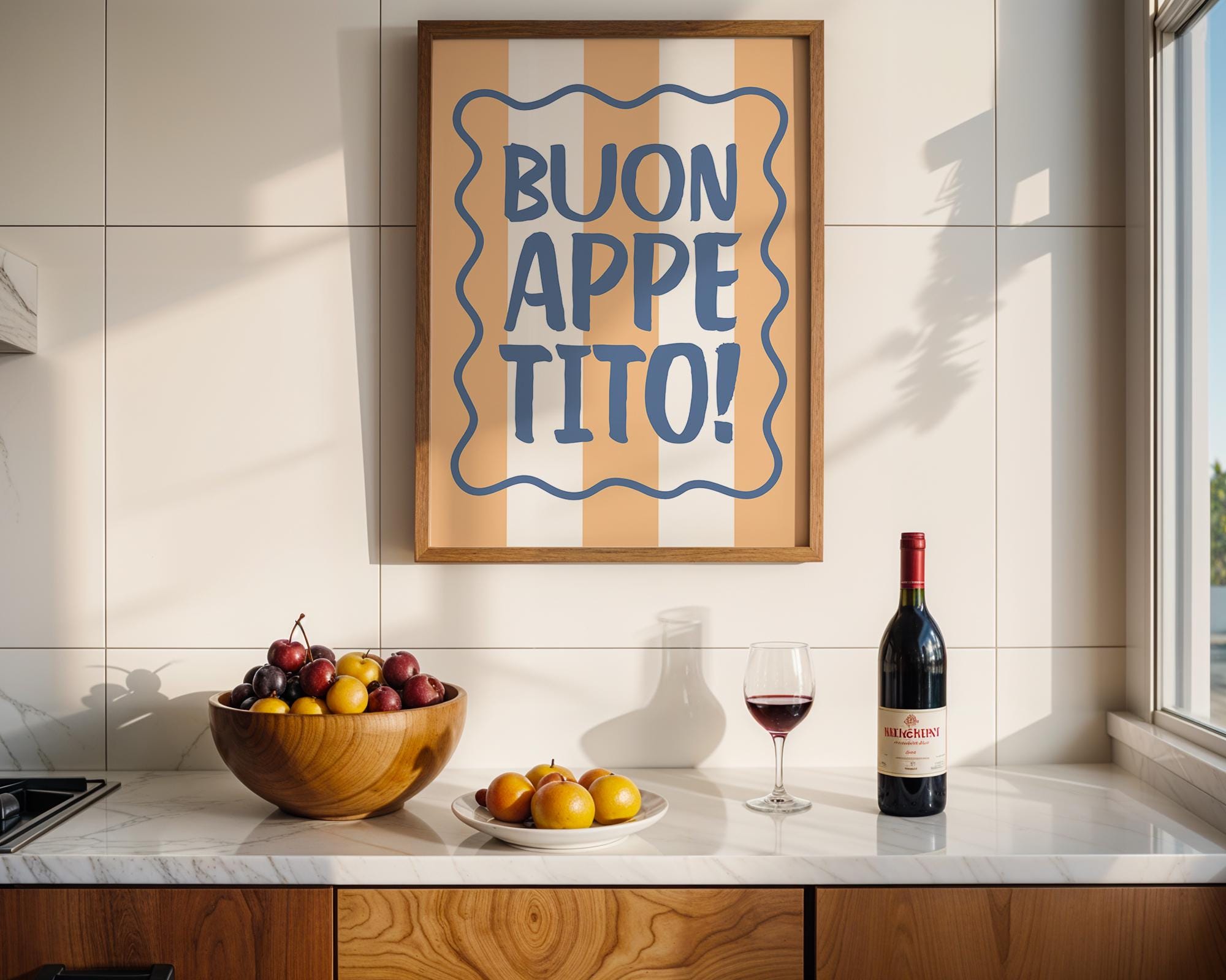 Buon Appetito Kitchen Wall Art Print, Italian Quote Poster, Retro Striped Wall Decor, Pasta Lover Gift, Mediterranean Home Print, DIGITAL