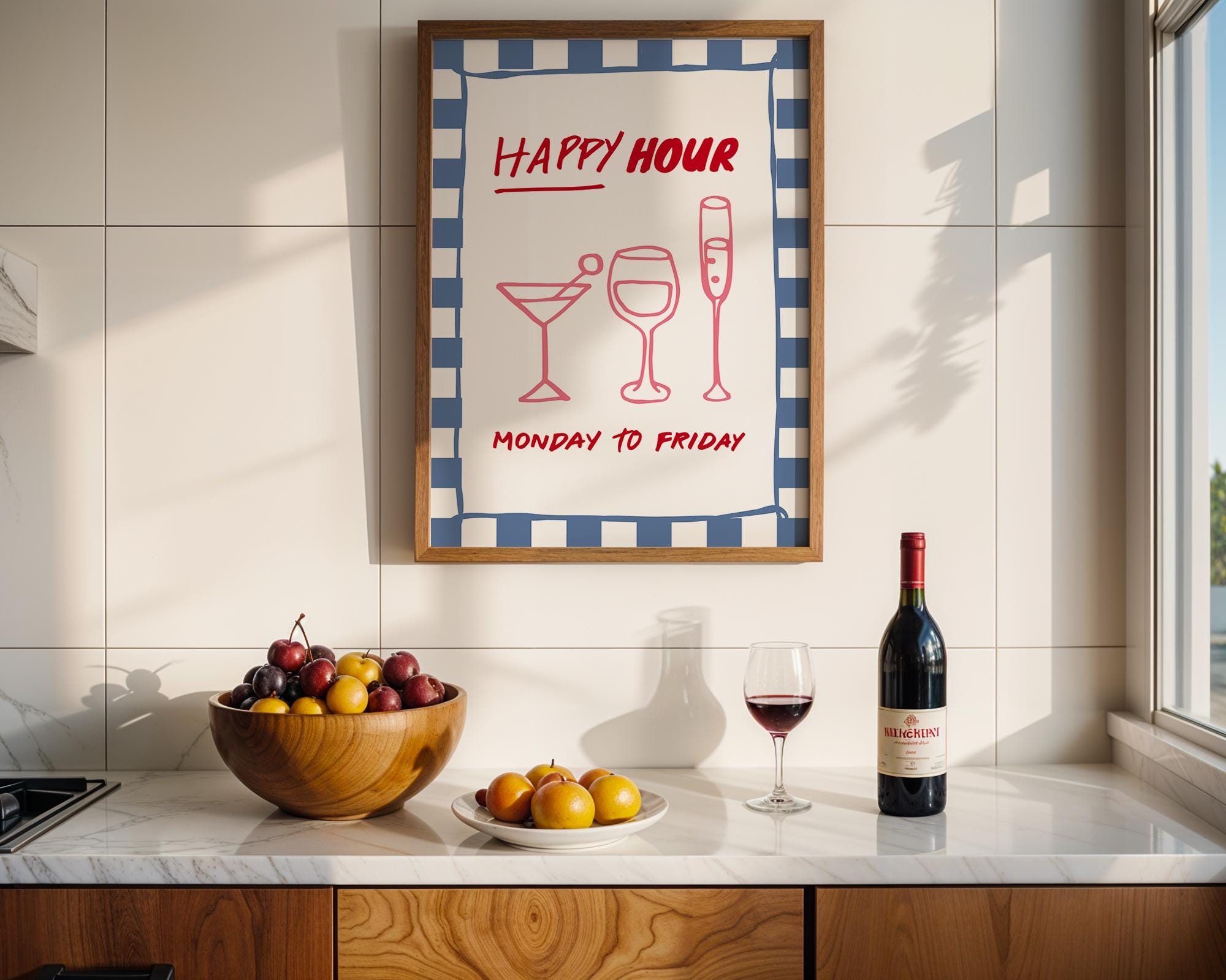 Happy Hour Wall Art Print, Italian Bar Cart Decor, Retro Blue Checkered Poster, Wine Cocktail Art, Kitchen Dining Room Print, DIGITAL