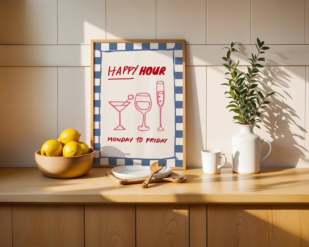 Happy Hour Wall Art Print, Italian Bar Cart Decor, Retro Blue Checkered Poster, Wine Cocktail Art, Kitchen Dining Room Print, DIGITAL