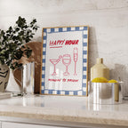 Happy Hour Wall Art Print, Italian Bar Cart Decor, Retro Blue Checkered Poster, Wine Cocktail Art, Kitchen Dining Room Print, DIGITAL