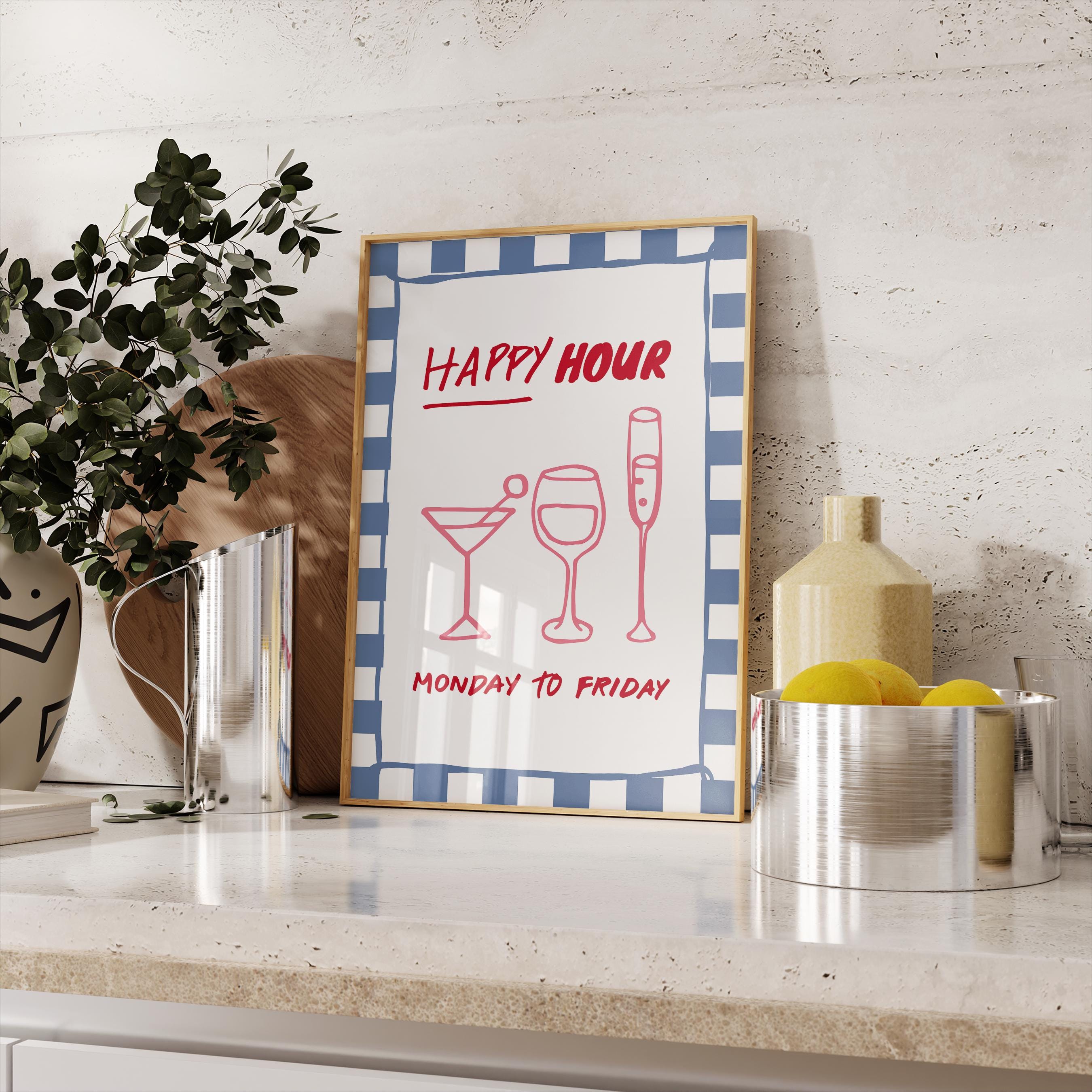 Happy Hour Wall Art Print, Italian Bar Cart Decor, Retro Blue Checkered Poster, Wine Cocktail Art, Kitchen Dining Room Print, DIGITAL